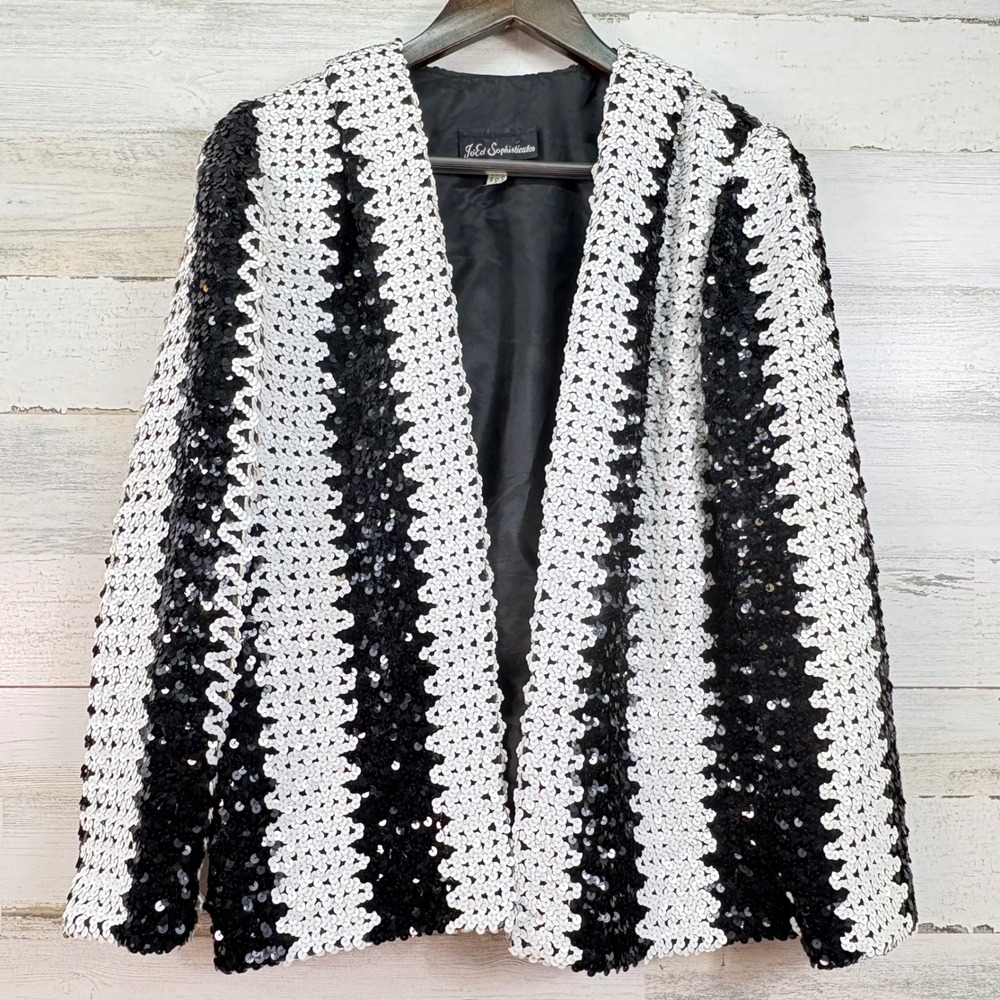 Vintage 70s Jo-Ed Sophisticates Sequin Blazer Black White Striped Formal Disco S